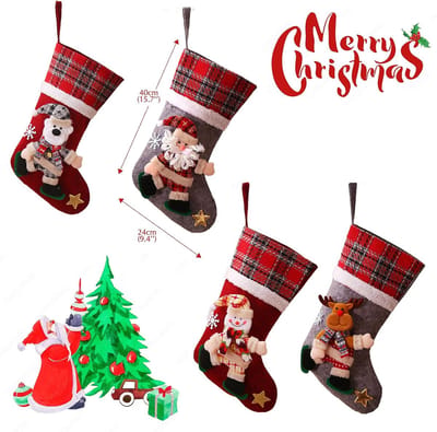 Set van 4 grote kerstmanlaarzen om te vullen, kerstkous, cadeauzak, kerstboomhanger, kerstdecoratie met kerstman, sneeuwpop, rendier, beertje-geruit