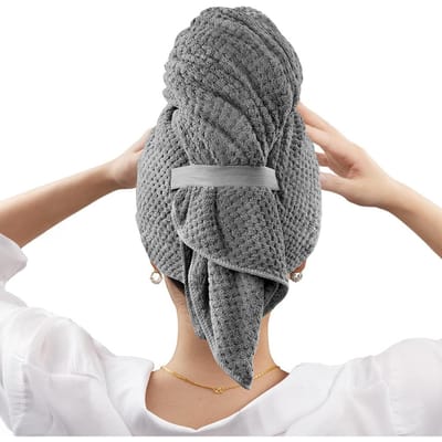 Serviette Cheveux Microfibre Femme Grande Serviette Cheveux Sèche Cheveux Avec Bande Élastique Séchage Rapide Cheveux Mouillés Épais Bouclés Serviette Cheveux Super Douce gray