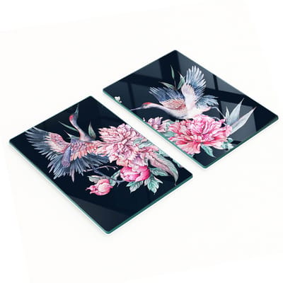 Decoratieve snijplanken van gehard glas met kraanvogels en pioenrozen, 2x40x52 cm