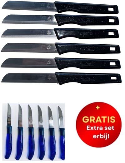 6 + 6 GRATIS! - Solingen - Zwarte Messen Vlijmscherp met Kartel + Gratis Kosova Messenset - Blauw