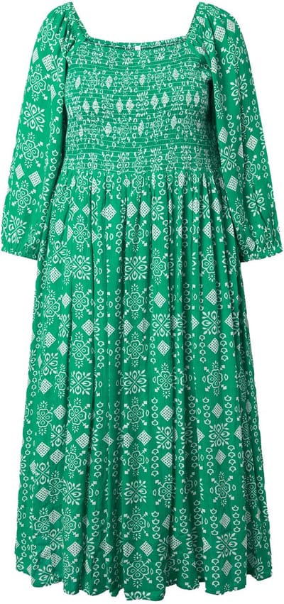 Ulla Popken - Dames - Maxi-jurk A-lijn carréhals 3/4-mouwen - Zomergroen - Maat 50+