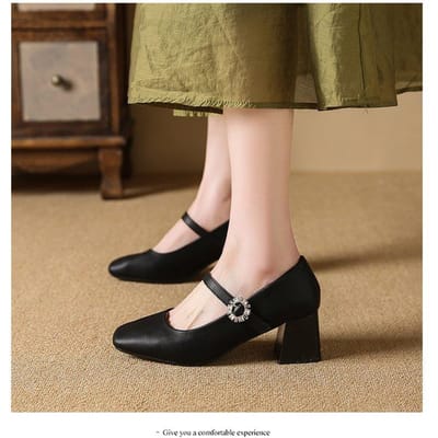Superzachte schapenvacht niet-vermoeiende schoenen met hoge hakken voor dames in zwart Lente en Herfst nieuwe stijl Franse retro vierkante neus th 40 zwart