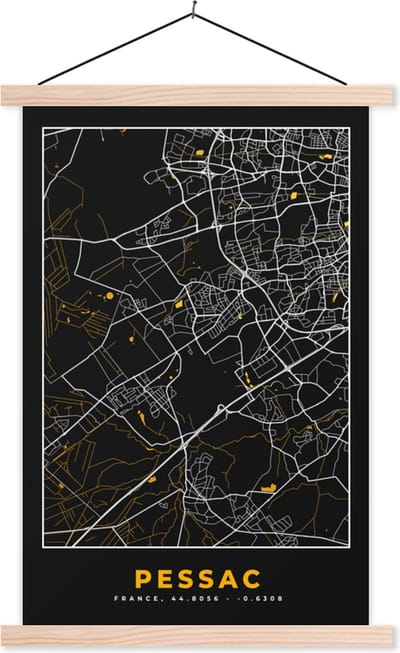 Posterhanger incl. Poster 40x60 cm - Schoolplaat - Plattegrond – Pessac – Stadskaart – Kaart – Frankrijk - Textielposter - Blanke latten - Stadskaart