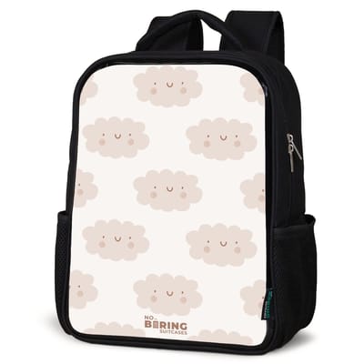 NoBoringSuitcases.com® - Rugzak zwart - Schooltas jongen & meisje - Vrolijke wolkjes met gezichtjes op crèmekleurige achtergrond - Rugtas voor school - Boekentas kind - Schoolrugzak - Kinderrugzak