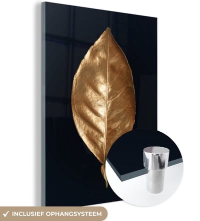 MuchoWow® Glasschilderij 120x160 cm - Schilderij acrylglas - Bladeren - Chic - Goud - Planten - Zwart - Foto op glas - Schilderijen