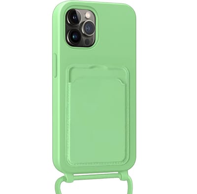 Hoes Geschikt voor iPhone 15 Pro Max Hoesje Pasjeshouder Cover Met Koord Case Siliconen Hoes Met Telefoonkoord en Kaarthouder Met Screenprotector - Groen