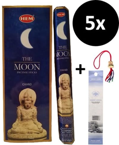 Wierook - Wierookstokjes - 5 Kokers - 100 Stokjes + 5 Mini Stokjes En 1 Gelukspoppetje - Geur The Moon - Maan