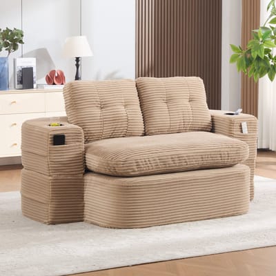 2-Zitsbank,2-In-1 Slaapstoel Van Corduroy, Slaapbank Met Verstelbare Rugleuning, Compacte Vloerbank Met Verstelbare Armleuningen, 2 Bekerhouders, Hoge Rugleuning En Extra Diepe Zitting-khaki