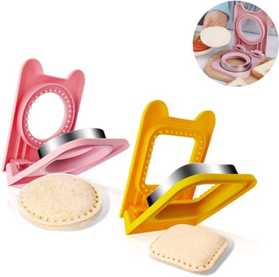 2 stuks - Sandwichvormen - Leuke koekjesvormen - Sandwichvormen van roestvrij staal - Sandwichvormen voor kinderen - Leuke lunchboxen - Perfect voor het maken van sandwiches voor ontbijt, lunch en kamperen (vierkant, geel + roze)
