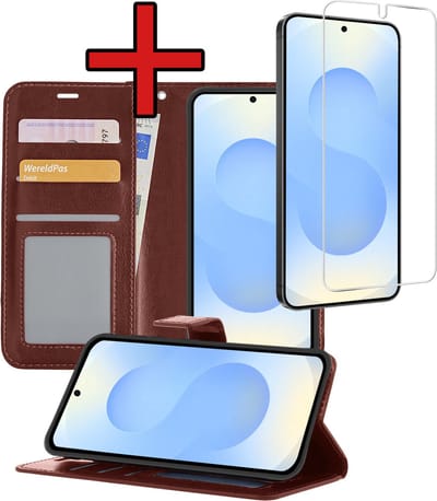 Hoesje - Met Screenprotector - Geschikt voor Samsung Galaxy S25 - Luxe Pasjeshouder - Flipcase - Bookcase Portemonee - Flip Case - Kunstleer Book Case - Book Cover - Walletcase - Portemonneehoes - Telefoonhoes - Bruin