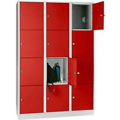 Vakkenkast 400 mm, 3 compartimenten, 12 vakken, veiligheidscilinderslot, sokkel, vuurrood