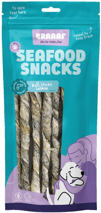 Braaaf Hondensnack Rol Sticks Zalm 20 cm - 10 x 97 gr - Voordeelverpakking