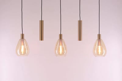Hanglamp 3 amber glazen 2 gouden kokers