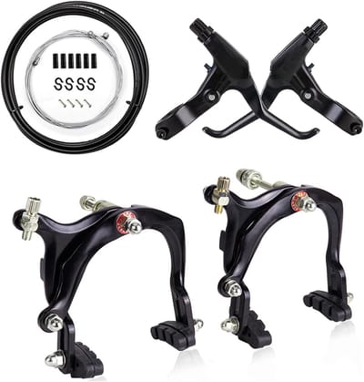 2 Paar V-Brake Set voor Fietsen, Voor- en Achterrem met 60mm Remblokken, Vingerremhendel en Remkabel, Aluminium Kwaliteit
