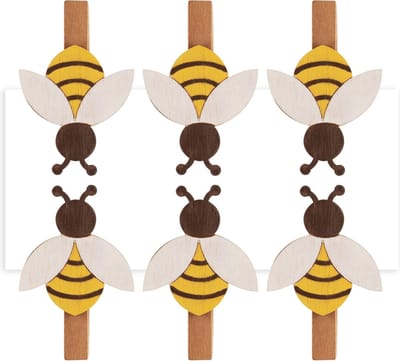 Dekoratief | Set 6 speldjes m/bij, hout, 13x13cm | A240557