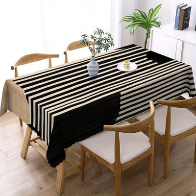 1 st Retro Geometrisch Lijn & Rond Patroon Rechthoekig Tafelkleed, Waaiervormige Rand Polyester Tafelhoes voor Huis Eetkamer Keuken 140x140cm