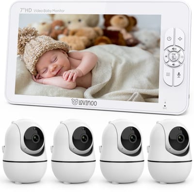 Lovinoo Babyfoon met 4 Camera's - Baby Monitor - Op Afstand Bestuurbaar - Babyphone - Temperatuursensor - Uitbreidbaar Tot 4 Camera's - Terugspreekfunctie - Zonder Wifi en App - 7.0 Inch HD Scherm