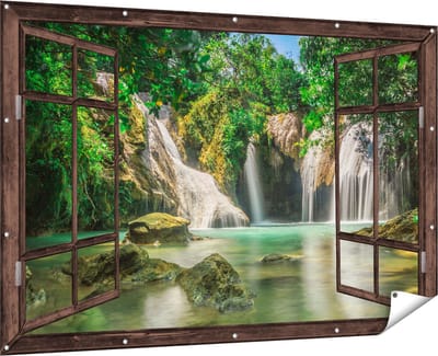 Gards Tuinposter Doorkijk Tropische Waterval - 180x120 cm - Tuindoek - Tuindecoratie - Wanddecoratie buiten - Tuinschilderij