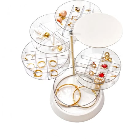 Rotatable Sieradenbox met Deksel, 5 Laags Organiser voor Oorbellen, Ringen en Kettingen, Ideaal voor Reizen en Cadeaus voor Vrouwen (14 x 18 cm)