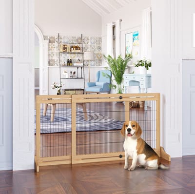 MIVRAY Hondenhek – 2-Delige Set, Verstelbaar 104-183 x 36 x 69 cm – Grenenhout en Metaal – Naturel – Vrijstaand voor Deuren en Trappen