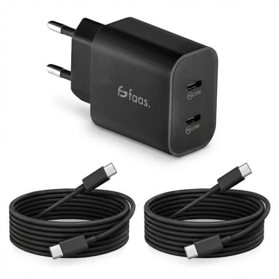 Faas USB C Oplader - Snellader - 40W - 2x 20W Poort - 2 kabels - 1.5 meter - USB C Kabel - USB C naar USB C - Zwart