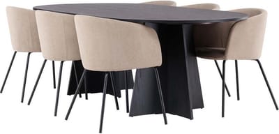 Bootcut eethoek tafel zwart en 6 berit stoelen beige.