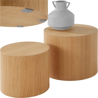 tectake® Ronde Salontafel Danny - Set van Grote en Kleine Bijzettafel - Ø48 x 38 en Ø38 x 32,5 cm - Eikenfineer MDF Houten Salontafel - Bijzettafeltjes Woonkamer - Bedtafel - Banktafel