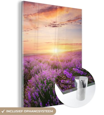 MuchoWow® Glasschilderij 30x40 cm - Schilderij acrylglas - Lavendel - Zon - Bloemen - Foto op glas - Schilderijen