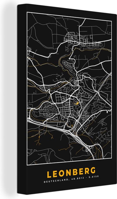 Canvas Schilderij Black and Gold – Stadskaart – Leonberg – Duitsland – Plattegrond – Kaart - 20x30 cm - Wanddecoratie
