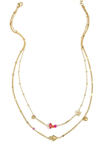 Dubbele ketting met hartjes, kralen en bloemetjes - Goud - Gekleurd - Yehwang