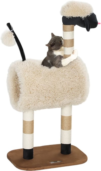 PawHut Kratzbaum 98 cm Katzenbaum mit Kratzpfosten, Tunnel, Spielball, Katzenkratzbaum im Schaf-Design, für Katzen bis 5 kg, Hellbraun