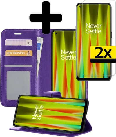 Hoesje - Met 2x Screenprotector - Geschikt voor OnePlus Nord CE 2 Lite - Luxe Pasjeshouder - Bookcase Portemonee - Flip Case - Kunstleer Book Case - Flipcase Hoes - Book Cover - Walletcase - Portemonneehoes - Telefoonhoesjes - Paars