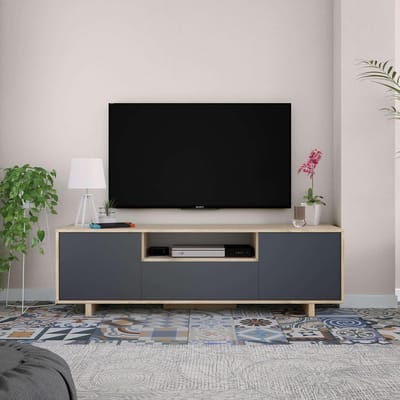 TV-meubel lowboard – Urbanhome Zaira Modern TV-kast 150 cm – Canadees eiken & antraciet – Met 2 draaideuren en klapdeur – Woonkamermeubel
