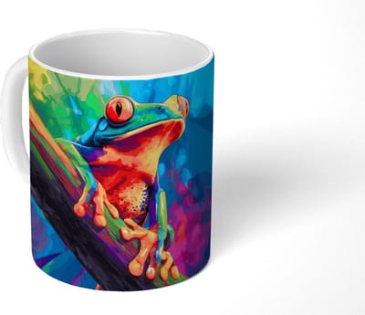Mok - Koffiemok - Kikker - Felgekleurd - Tak - Regenboog - Mokken - 350 ML - Beker - Koffiemokken - Theemok