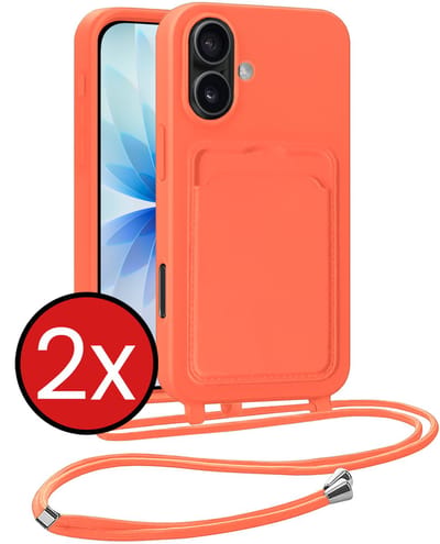 Hoesje Geschikt voor iPhone 17 Hoesje Met Telefoonkoord en Pasjeshouder Siliconen - Hoes Geschikt voor iPhone 17 Hoesje Met Kaarthouder Case - Papaya - 2 PACK