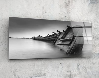 Panorama Glasschilderij - Gezonken Schip - Wanddecoratie - 92 x 36 cm