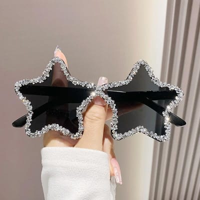 Lunettes de soleil sans monture en diamant étoile à cinq branches pour femmes, tendance et personnalisées pour séance photo, exagérées pour soirée dansante [Source factory straight hair]