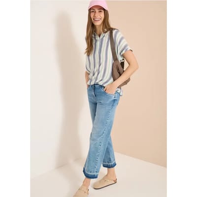 Blouse met korte mouwen, gespleten hals en strepen