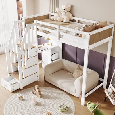STILVORA Stapelbed 90x200cm – Bovenbed met veiligheidshekjes – Onderbed met bureau en 3 lades – Grenenhout + MDF – Wit + Naturel houtkleur – Zonder matras
