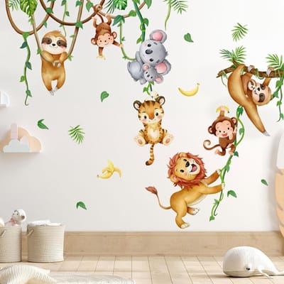 Muurstickers met Jungle Dieren en Bomen voor Kinderkamer, Safari Leeuw en Tropische Beesten, Decoratieve Wanddecoratie voor Baby's en Kinderen