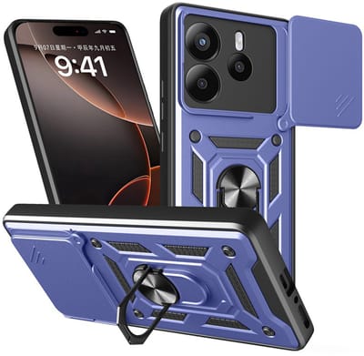 MobyDefend Hoesje - Geschikt voor Xiaomi Redmi Note 14 5G - Pantsercase Met Draaibare Ring - Blauw