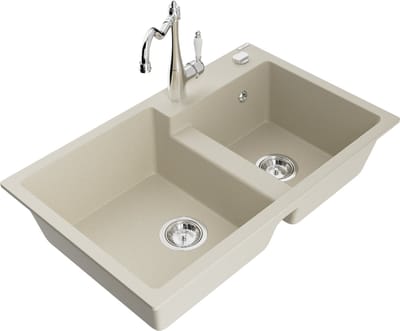 Mexen Tomas granieten gootsteen met 2 kamers en keukenmengkraan Carla, beige - 6516-69-670700-00