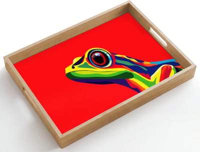 Dienblad hout 50x35 cm - Schootdienblad - Kikker - Kleurrijk - Strepen - Ogen - Borrelplank rechthoek - Plateau dienbladen