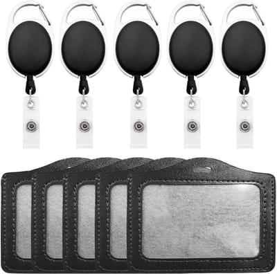 Fako Bijoux - 5x Badgehouder Met Trekkoord - Uittrekbare Sleutelhanger Pashouder Met Koord - Kaarthouder PU Horizontaal - Zwart - 5 Stuks