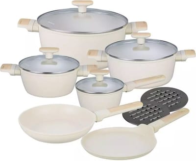 Klausberg 7833 - 12-delige Marmeren Pannenset in Beige - Compleet en Functioneel Kookgerei met Glazen Deksels