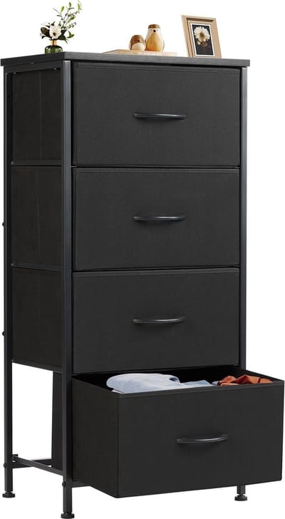 Dressoir / Opbergkast met 4 Stoffen Lades – Metalen Frame & MDF Blad – Industrieel Design – Zwart – Voor Slaapkamer, Woonkamer, Hal of Kinderkamer HMTM-SC-4D-BK