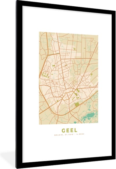 Fotolijst incl. Poster - Stadskaart - Vintage - Plattegrond - Kaart - Geel - 80x120 cm - Posterlijst