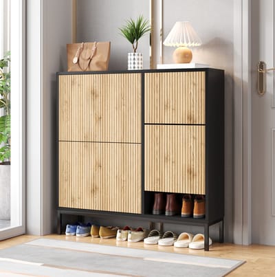 DESMIU Schoenenkast - Met Uittrekbare Wisselbank En Drie Kleppen - Voor Hal En Slaapkamer - MDF - 100x25x100 Cm - Zwart Natuurlijk