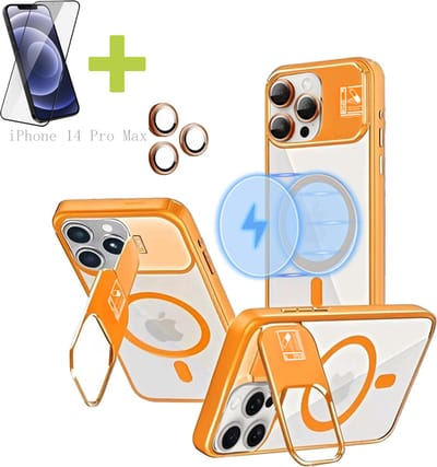 Hoesje voor iPhone 14 Pro Max met Standaard, Compatibel met MagSafe, Acryl + TPU Case, Hoes ingebouwde Stash Stand-telefoonhoes, Ultradun-Oranje - Screenprotector