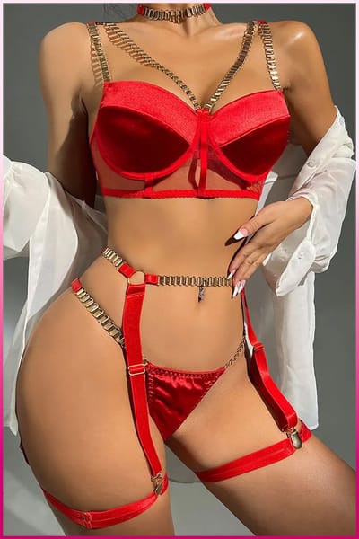 Purple-Daisy 3-delige set sensuele lingerie dames Bh met been lingerie set erotische lingerie PDS0039-R - Maat L/XL - ROOD